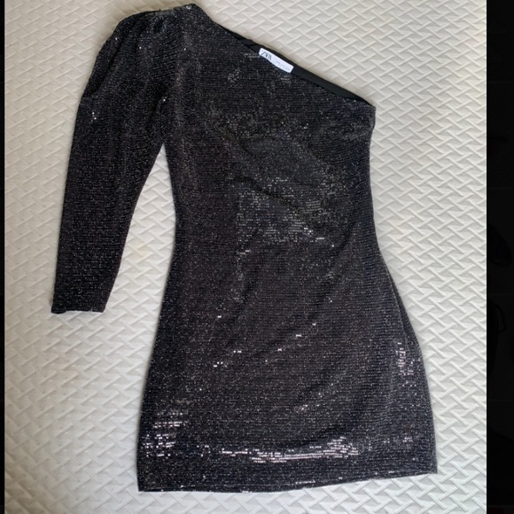 Zara Dresses & Skirts - Zara mini dress, sequin dress, one shoulder dress, black mini dress, shiny dress